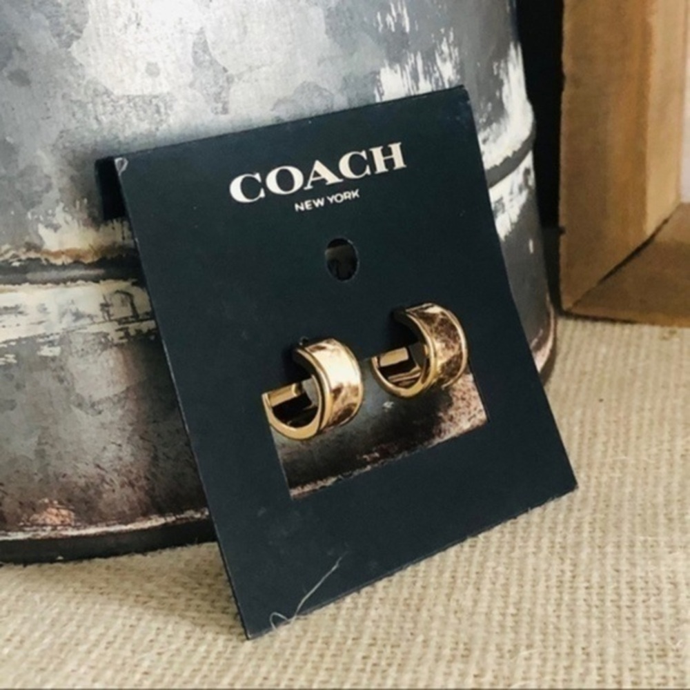 Coach New York Snake-Embossed Leather Gold Tone Hoop Earrings NWT